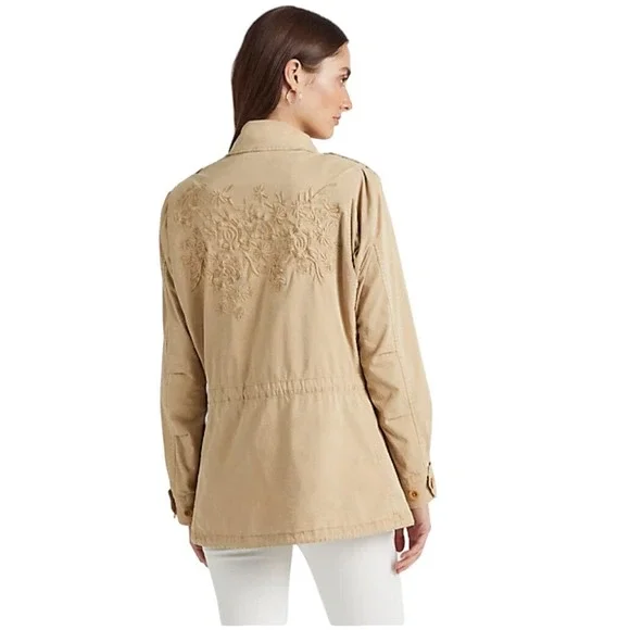 Ralph Lauren Featherweight Twill Field Jacket‎ Khaki Floral Embroidery M NWT - Picture 2 of 16